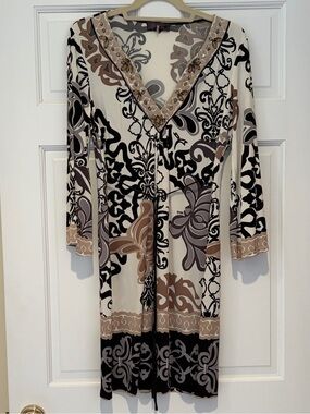 Hale Bob Cream, Black & Brown V-Neck Long Sleeve Pattern Dress